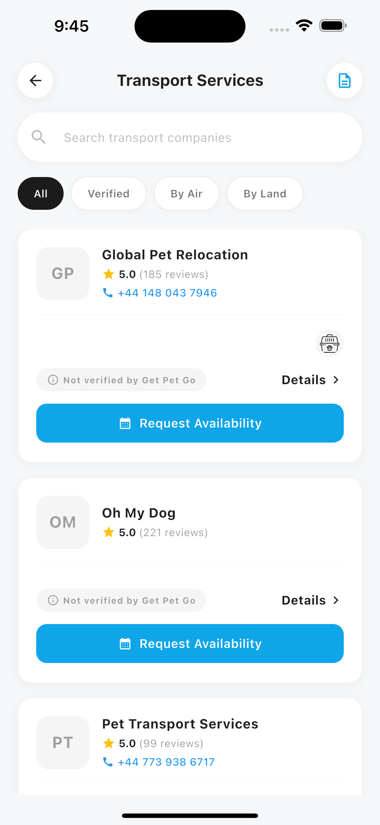 Browsing pet transport services