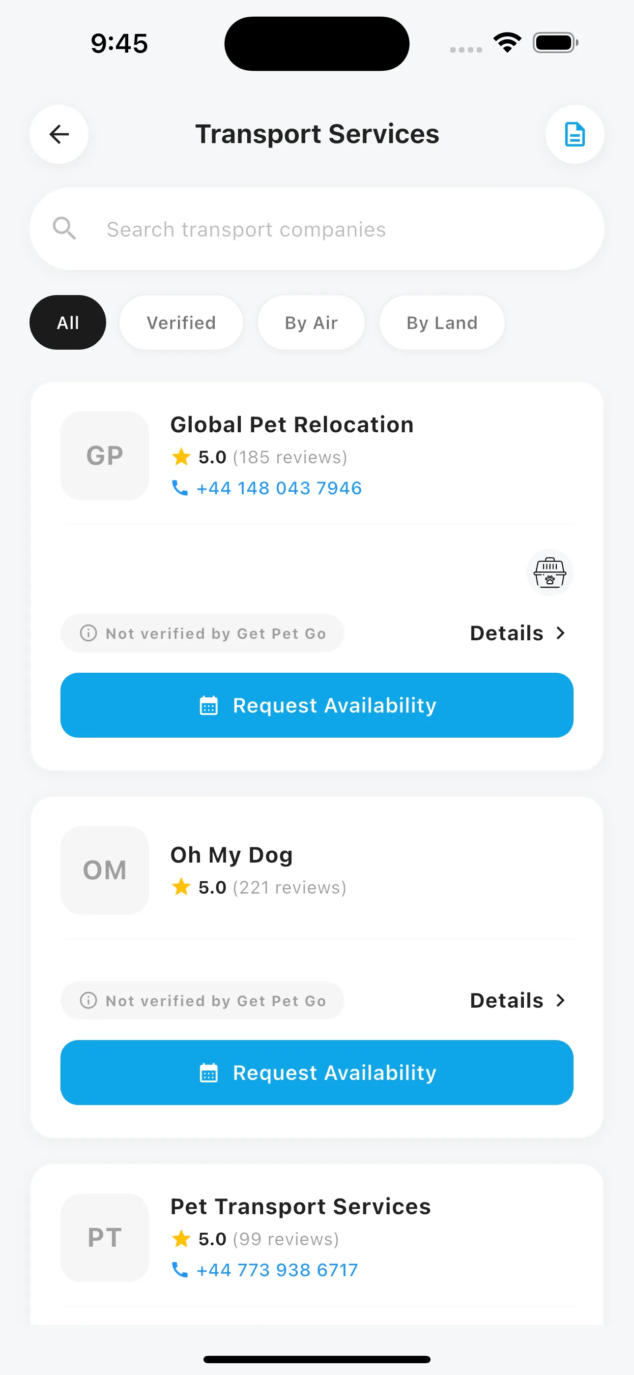 Browsing pet transport services